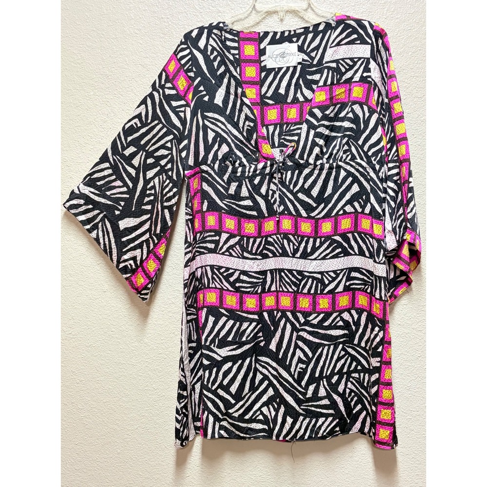 Alice + Trixie 100% Silk Dress Pink Yellow Zebra Print Kimono Sleeve Medium